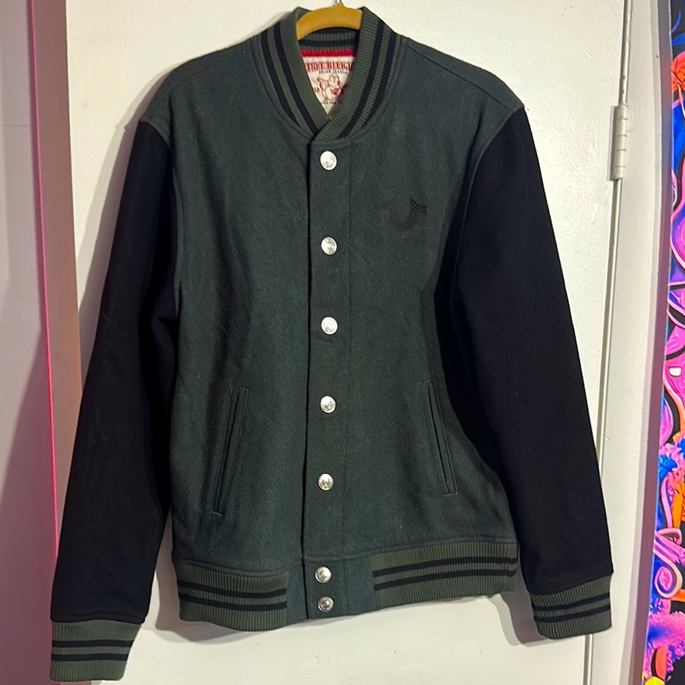 Vintage True Religion Black and Green Bomber Varsity wool Jacket. size L